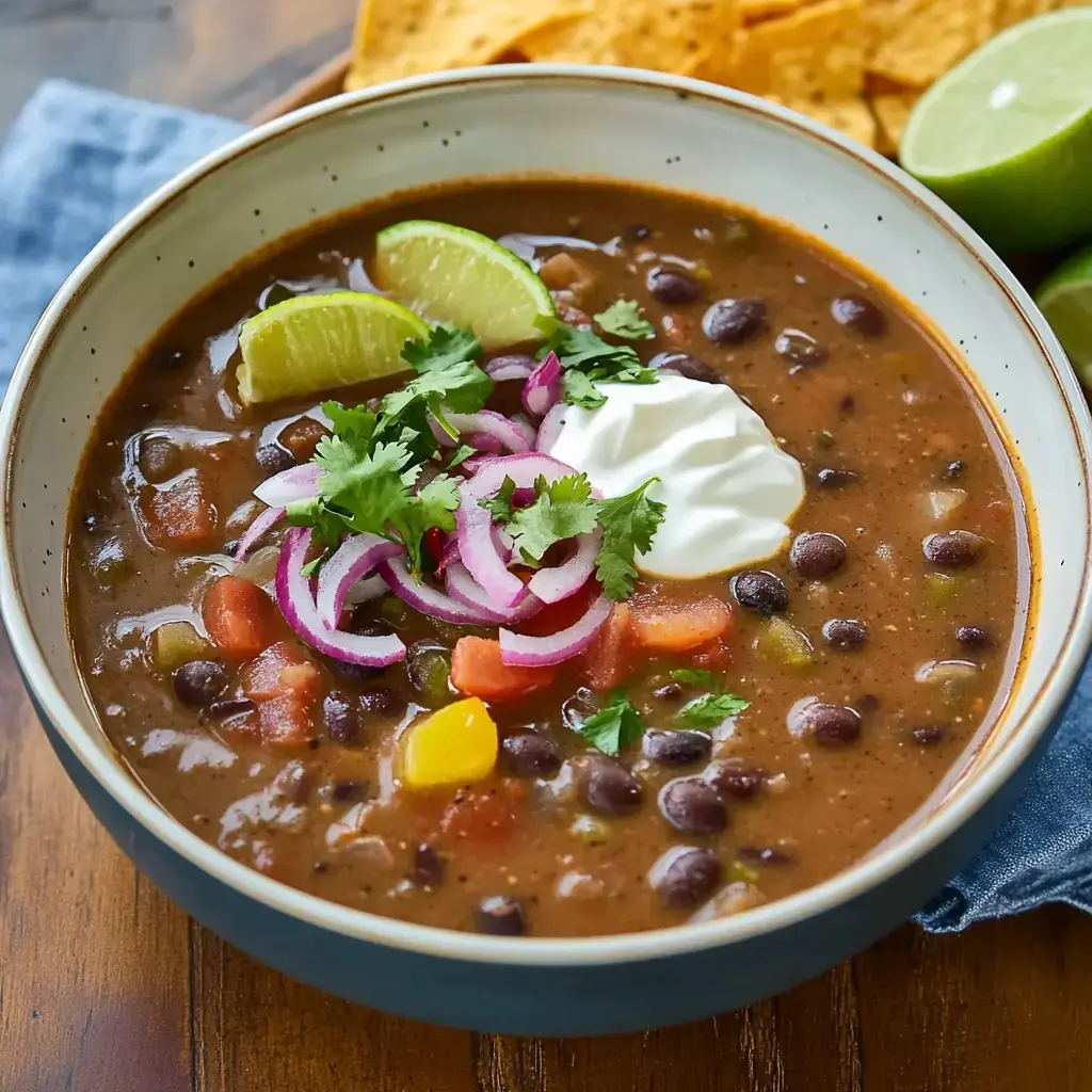 A bowl of black bean soup garnished with lime slices, sour cream, cilantro, red onion, and diced vegetables, accompanied by tortilla chips.