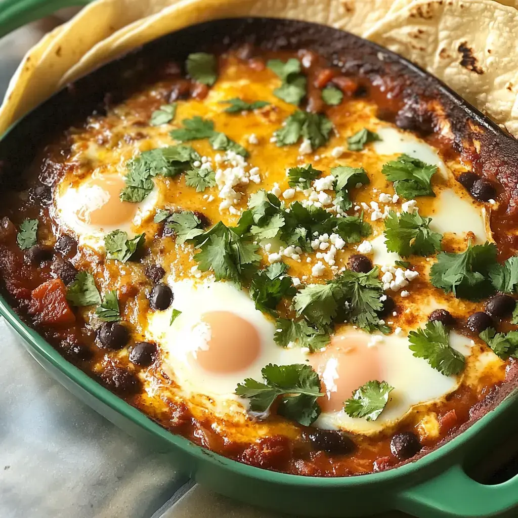 A green baking dish filled with a savory egg and bean dish, topped with cilantro, cheese, and served with tortillas on the side.