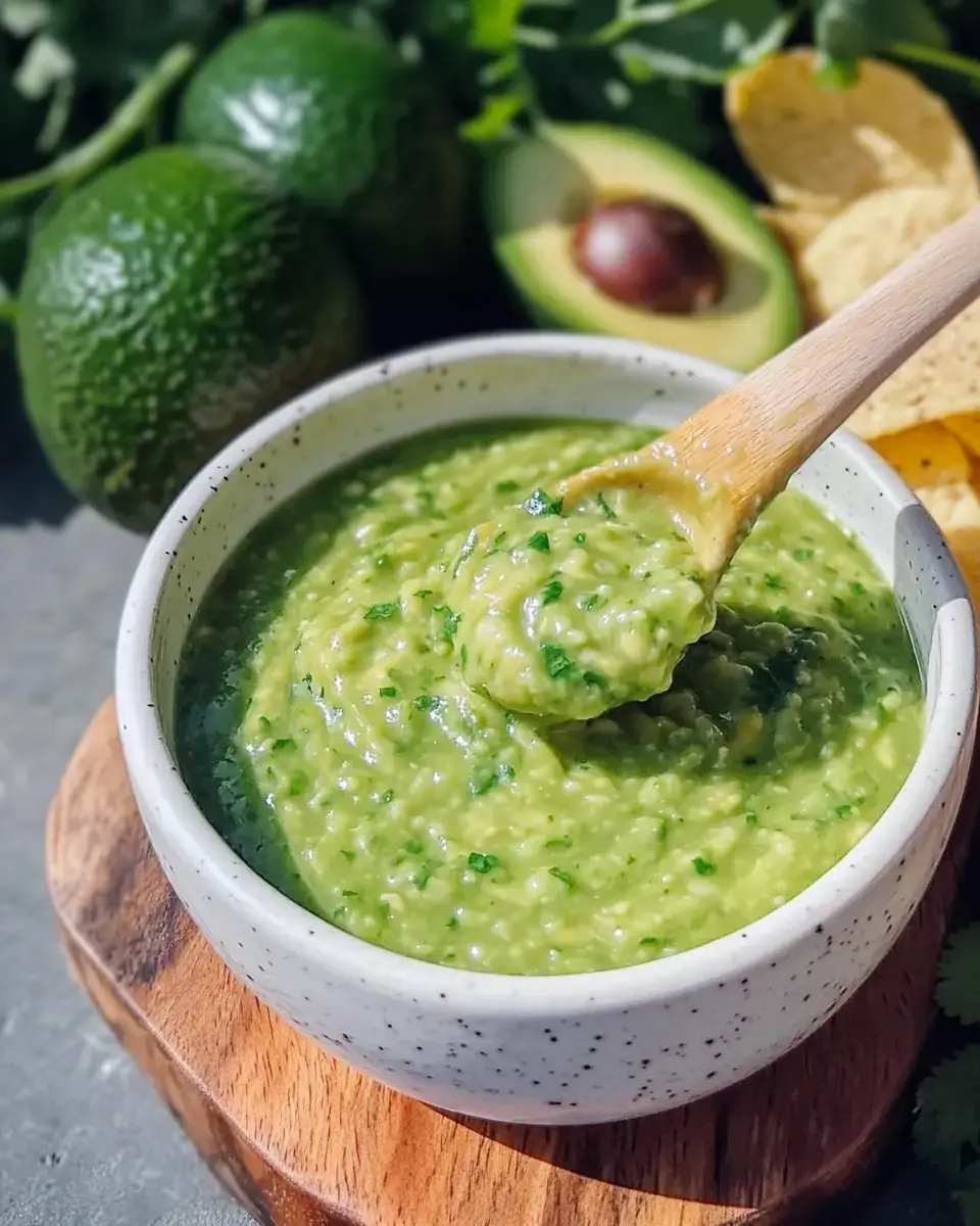 A bowl of green sauce, possibly guacamole, is shown with a wooden spoon, surrounded by avocados, cilantro, and tortilla chips.