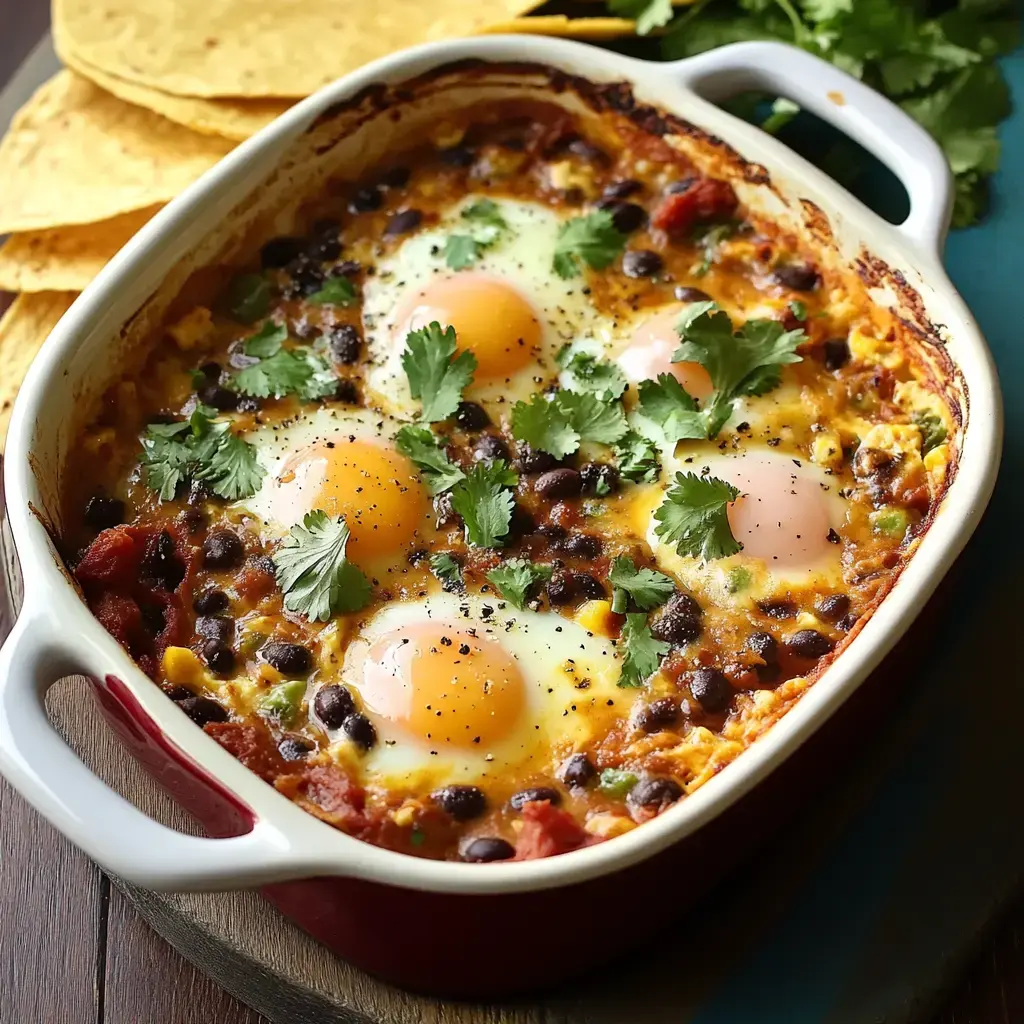 A colorful baked egg dish with four sunny-side-up eggs, black beans, and cilantro, served with corn tortillas in the background.