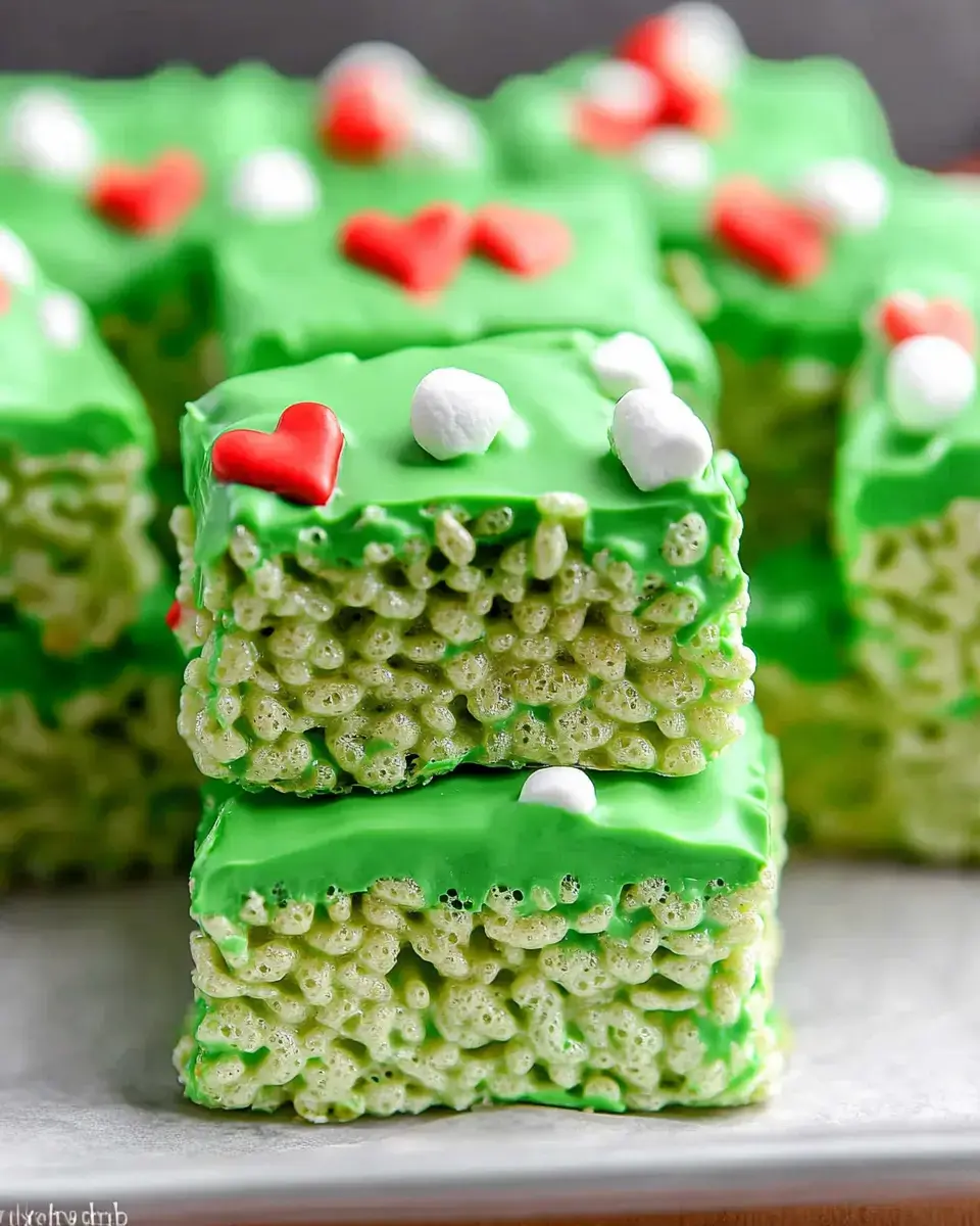 The image shows stacked green dessert bars decorated with red hearts and white sprinkles.