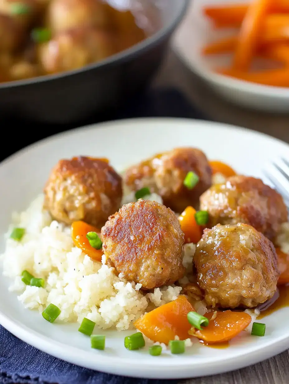 A plate of meatballs served with a sweet sauce, diced carrots, and green onions over a bed of fluffy rice.