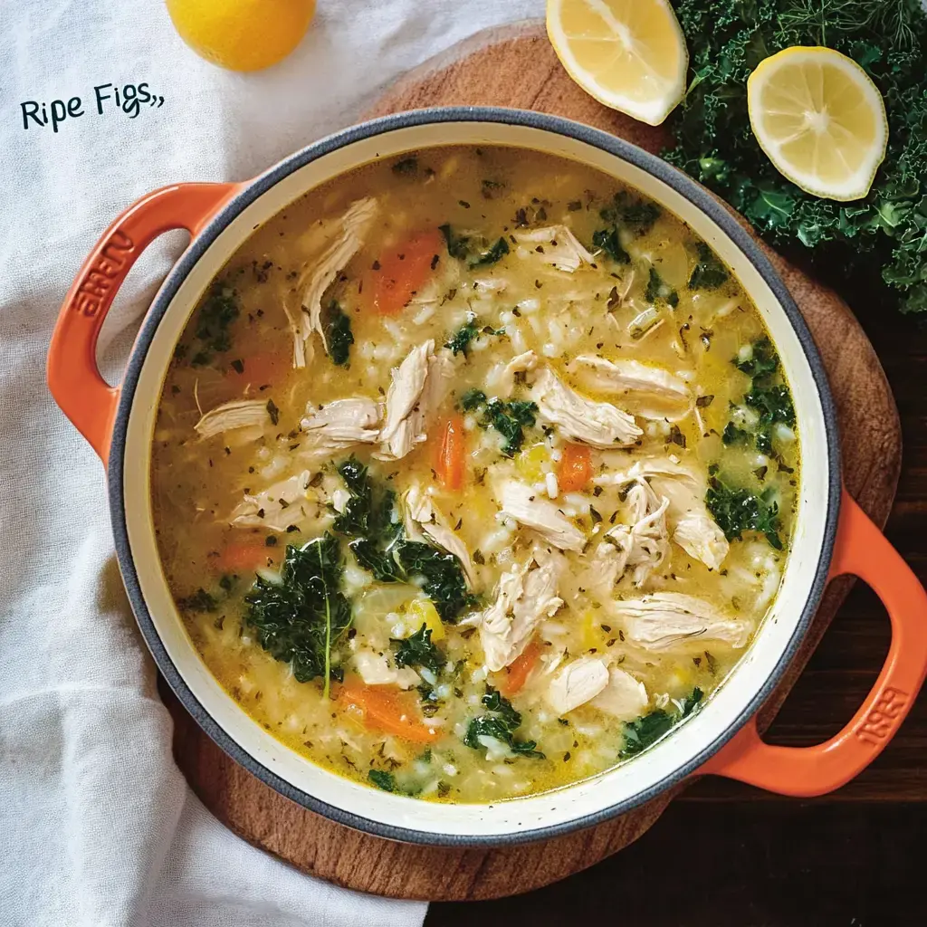 A close-up view of a pot of chicken soup featuring shredded chicken, kale, carrots, and rice, garnished with lemon slices and set on a wooden cutting board.