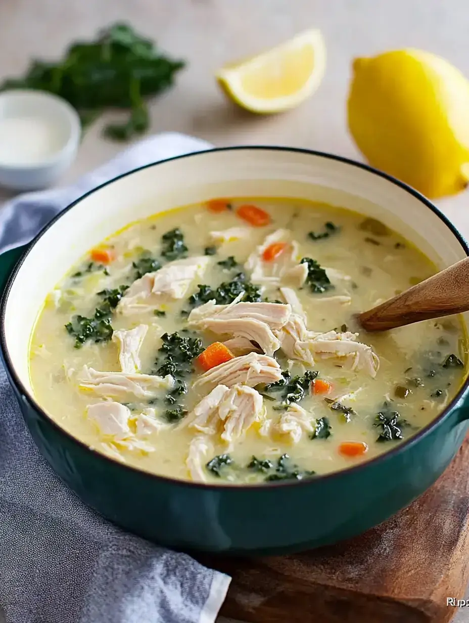 A bowl of chicken soup with shredded chicken, kale, carrots, and a lemon wedge on the side.