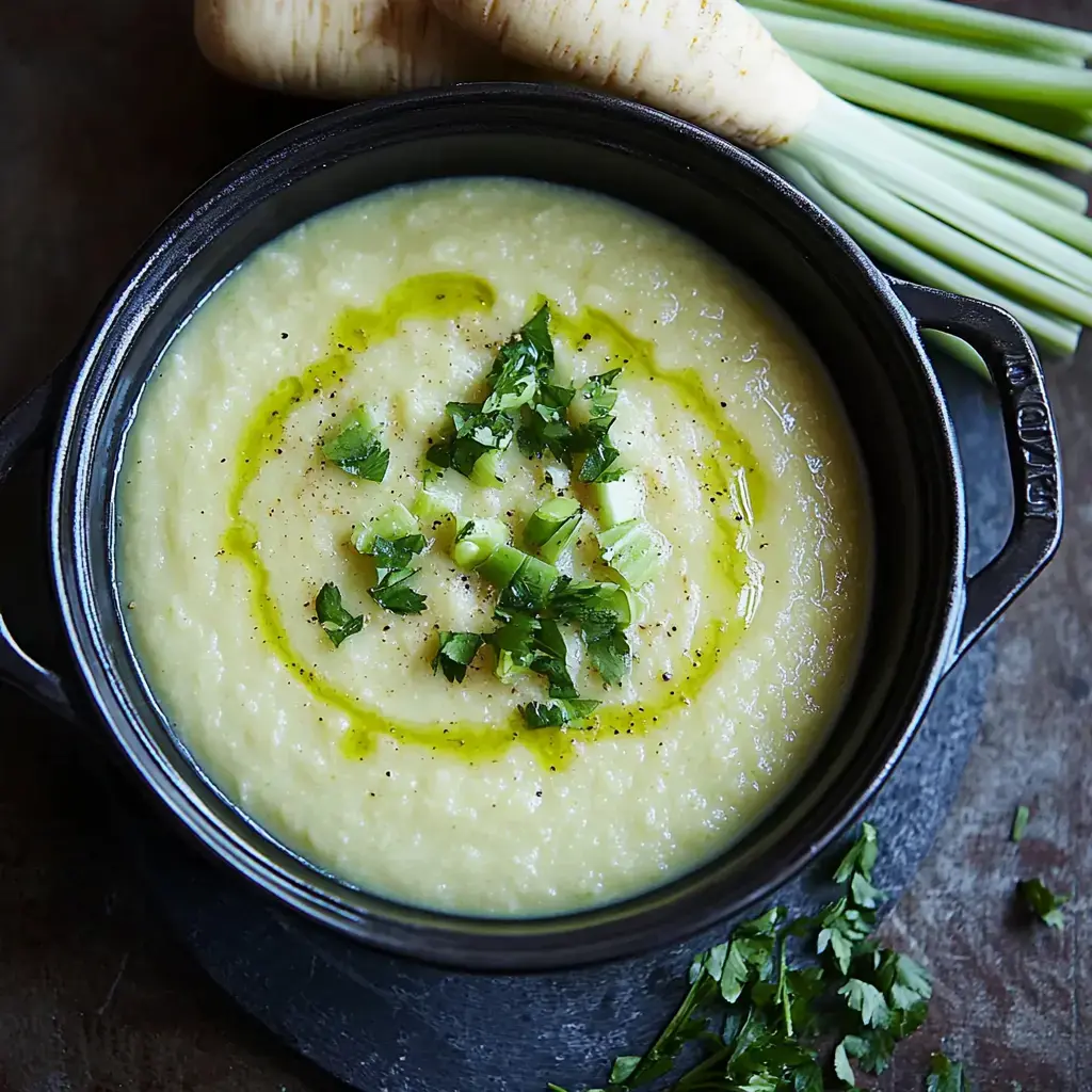 A black bowl of creamy soup topped with green onions, cilantro, and a drizzle of olive oil, alongside fresh parsnips and green onions.