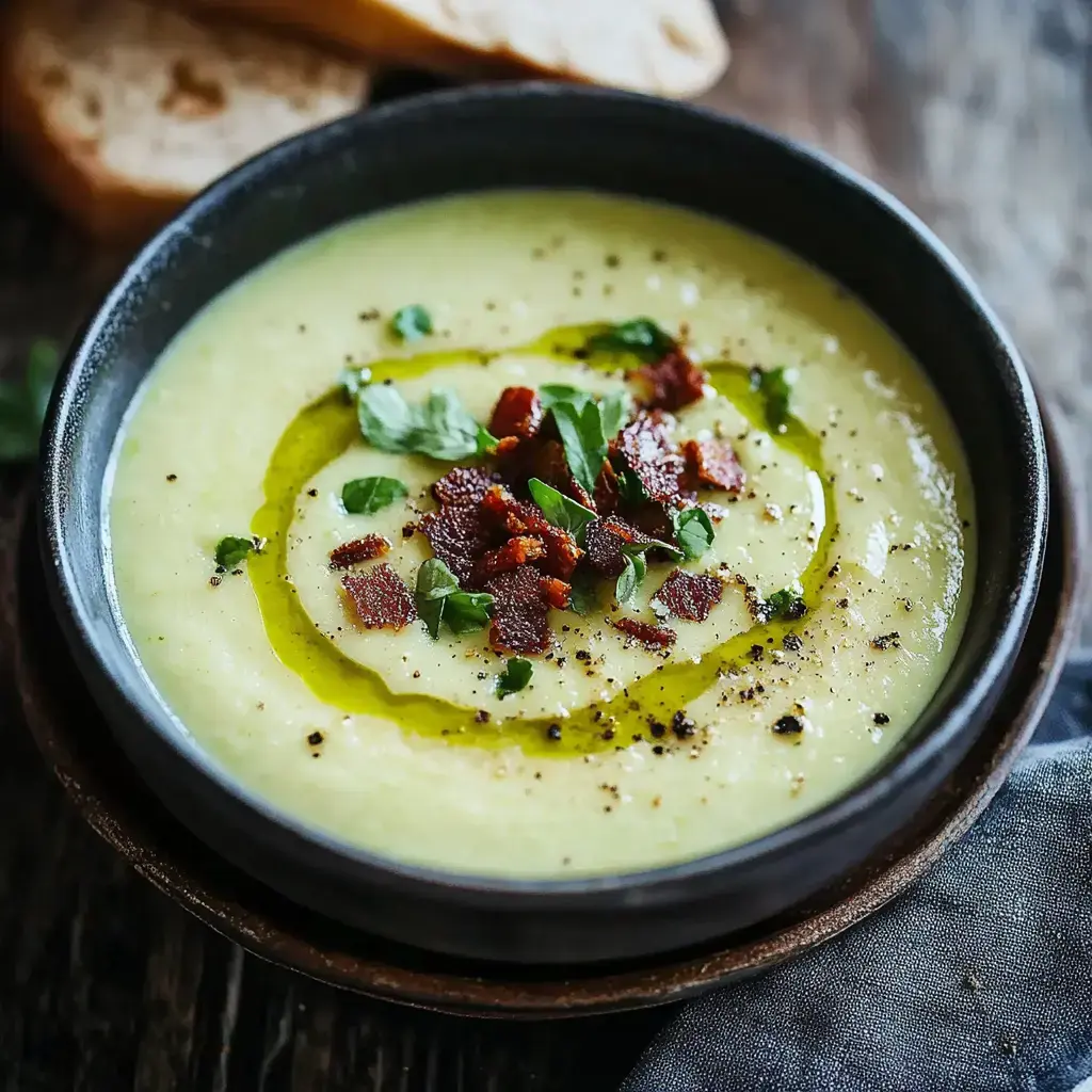 A bowl of creamy green soup topped with crispy bacon bits, drizzled with olive oil and garnished with fresh herbs, served alongside slices of bread.