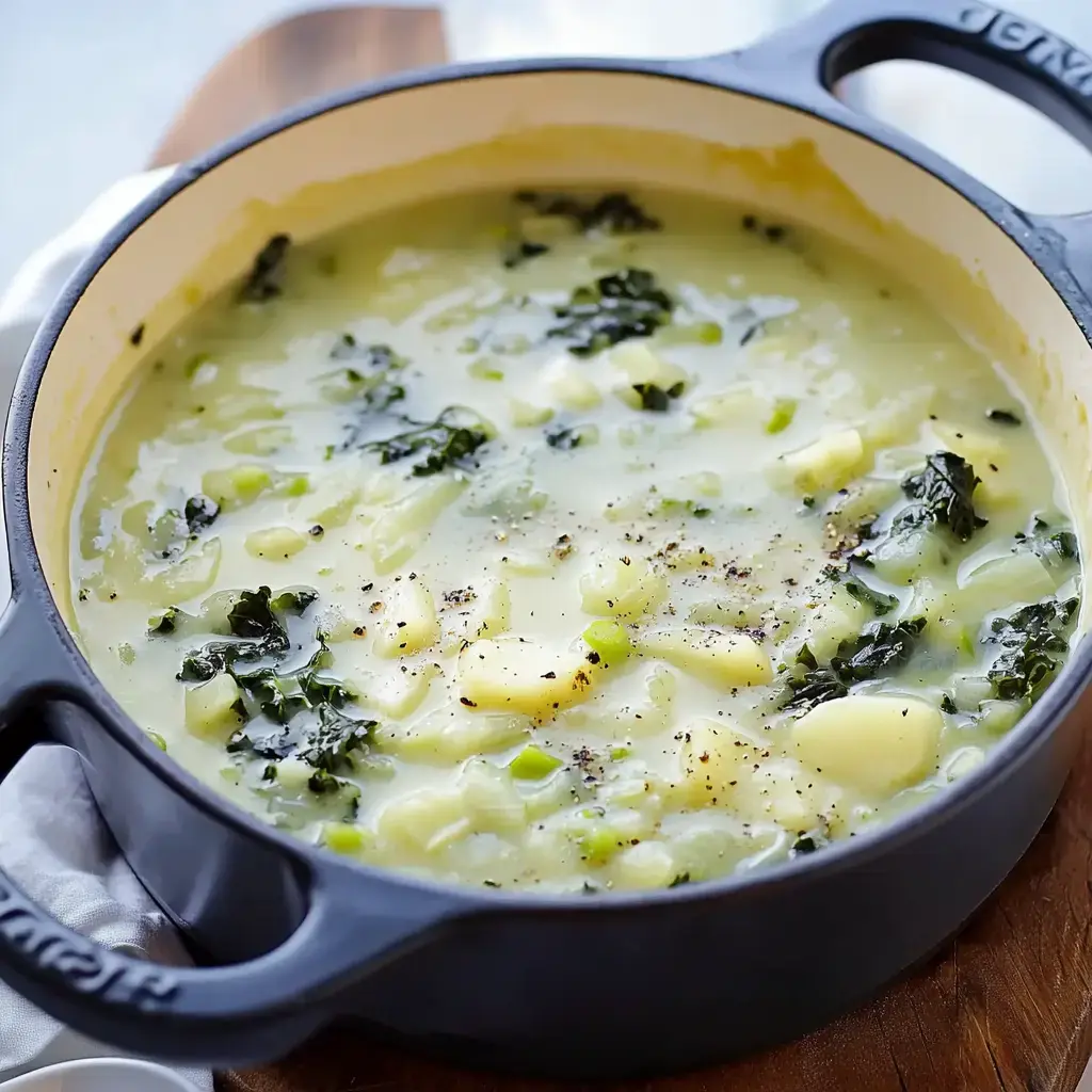 A pot of creamy soup with kale and potatoes, garnished with black pepper.