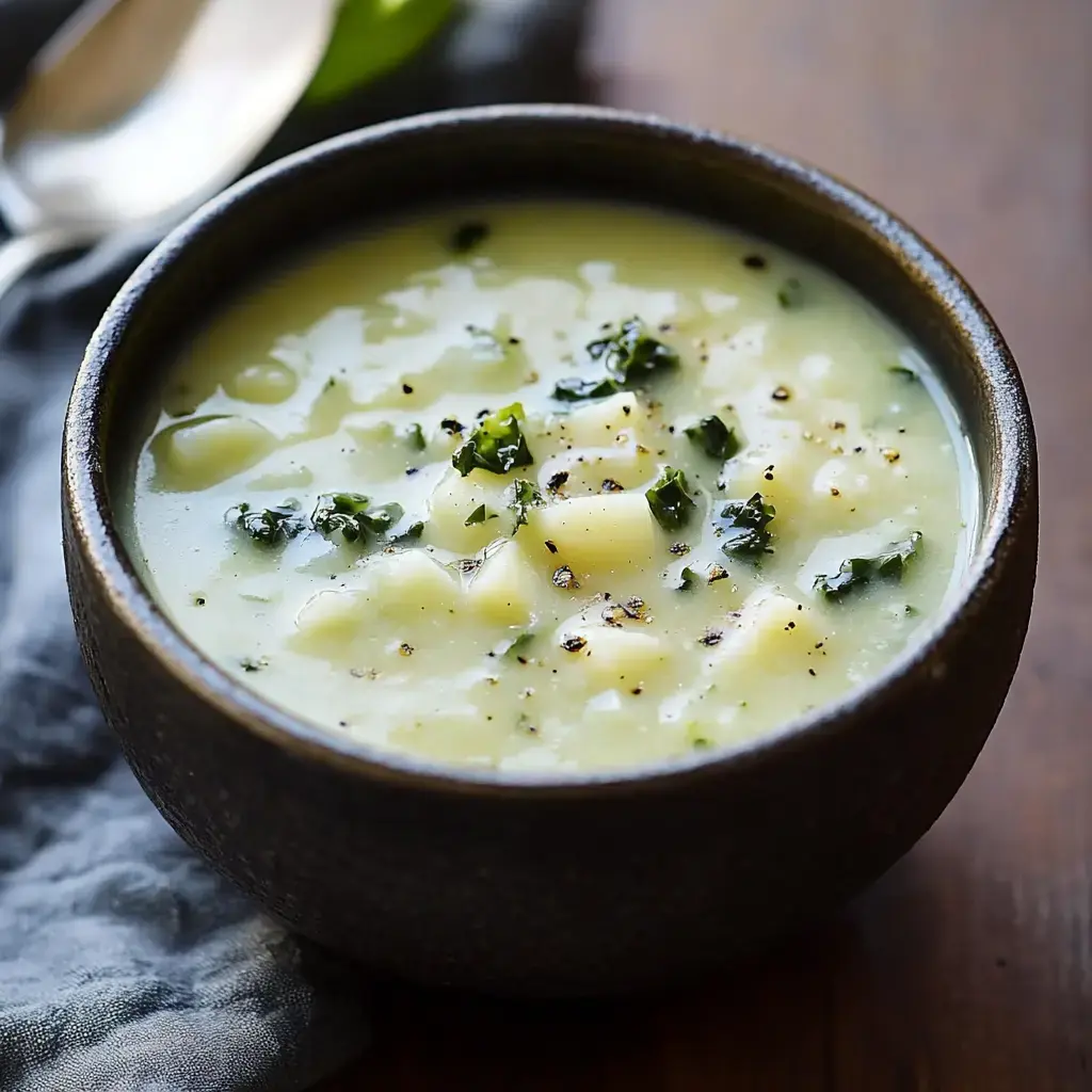 A dark bowl of creamy soup with diced potatoes and greens, garnished with black pepper, sits on a wooden surface next to a silver spoon.