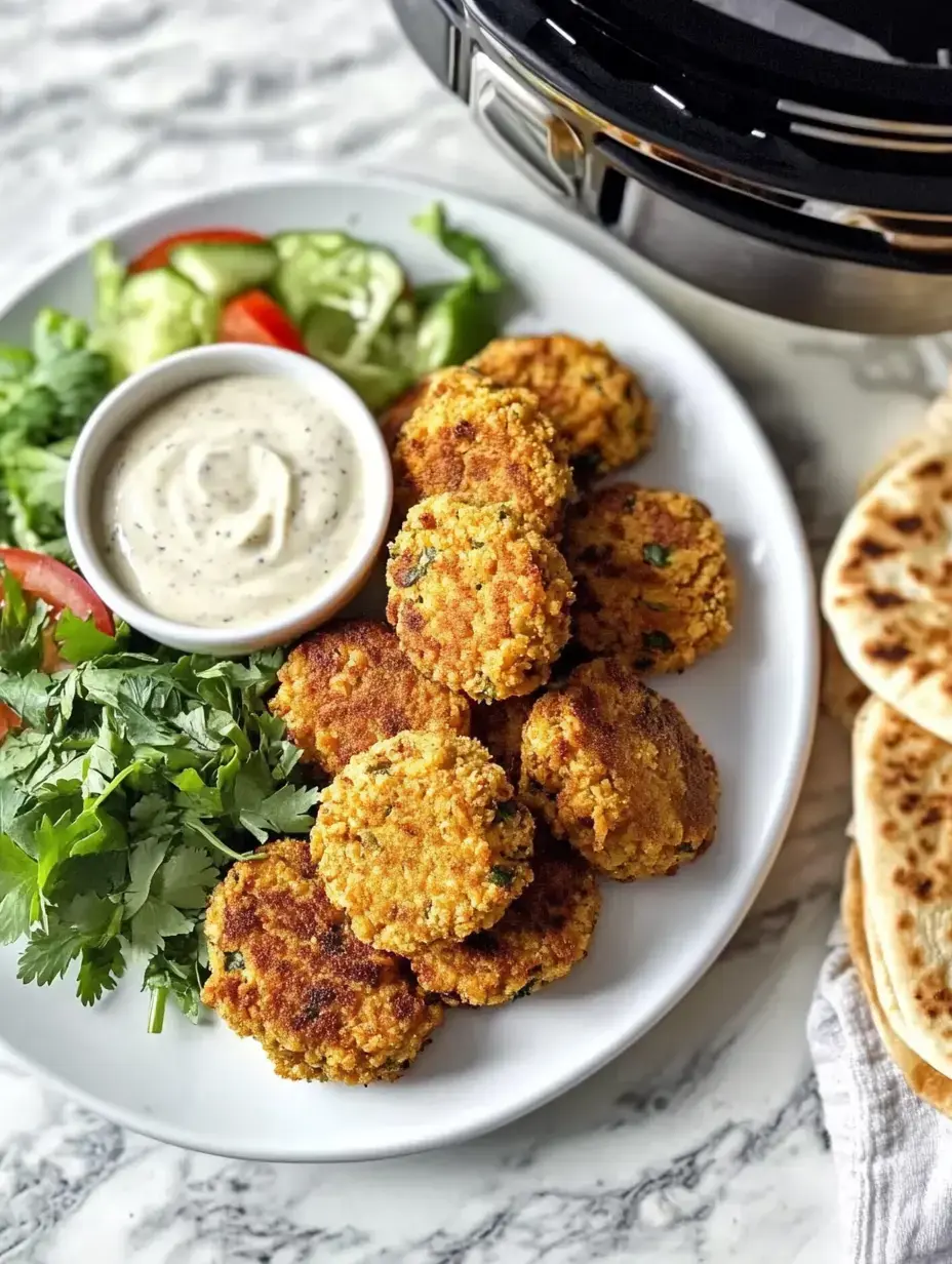 A plate of golden-brown falafel is served with a side of fresh salad, a creamy dipping sauce, and warm flatbreads.