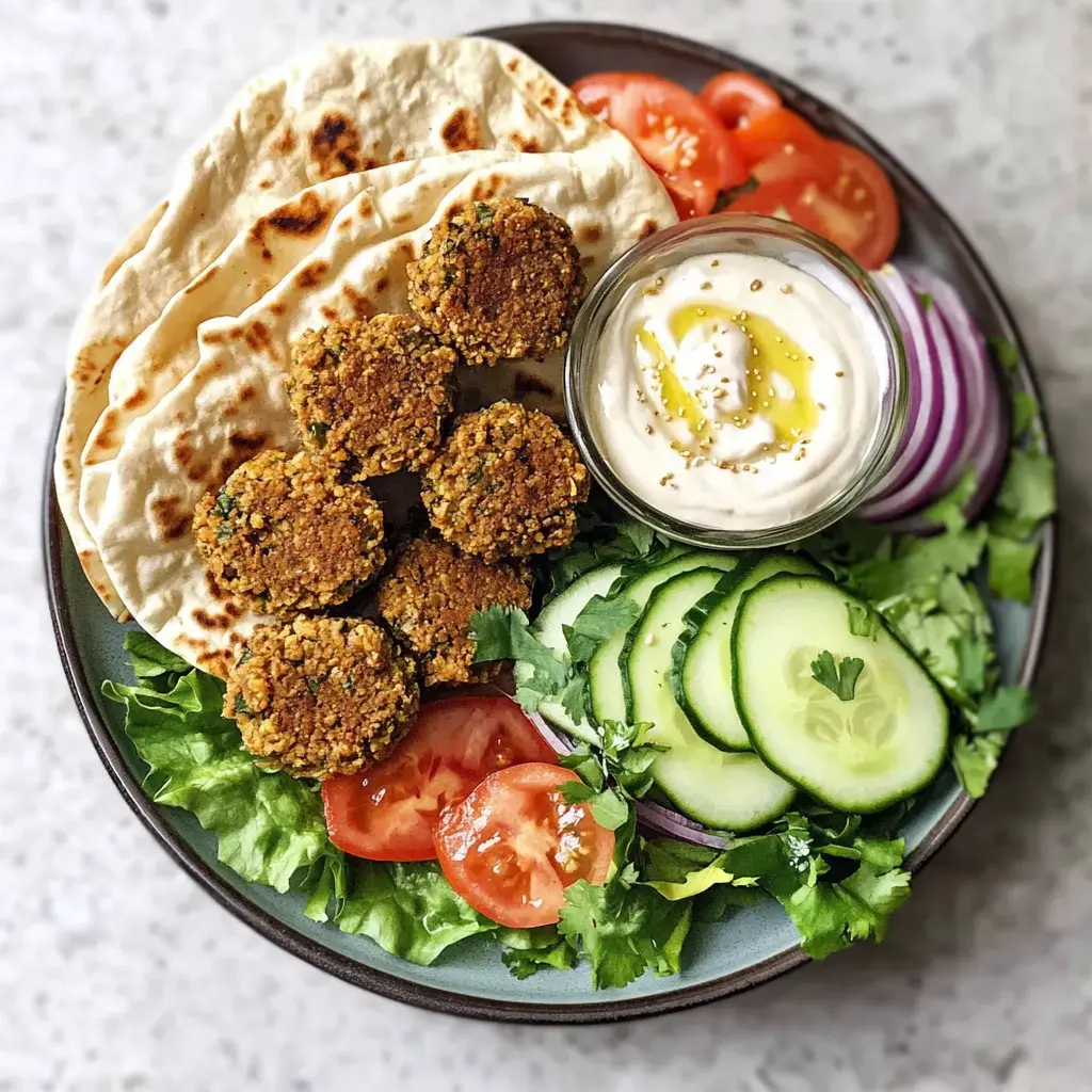 A plate of falafel, fresh vegetables, flatbreads, and a yogurt dip arranged artfully.