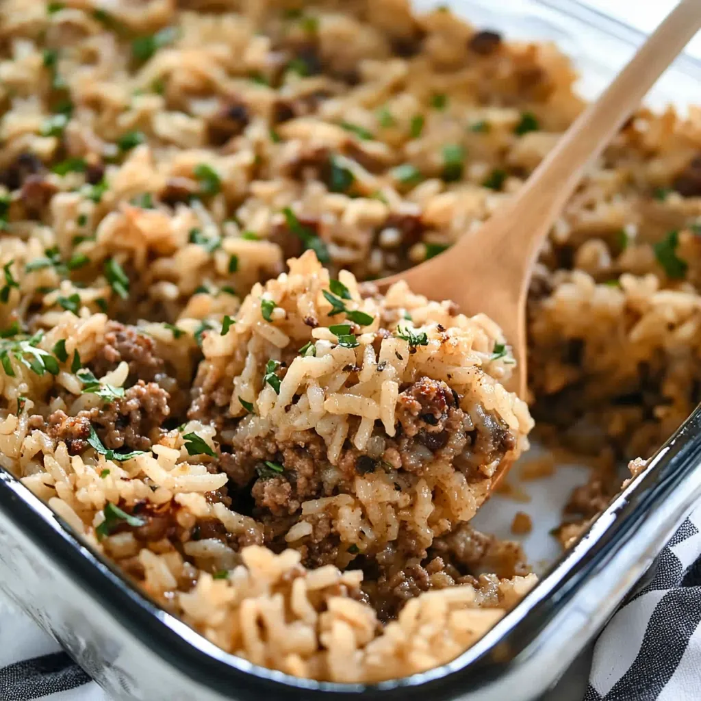 French Onion Ground Beef and Rice Casserole