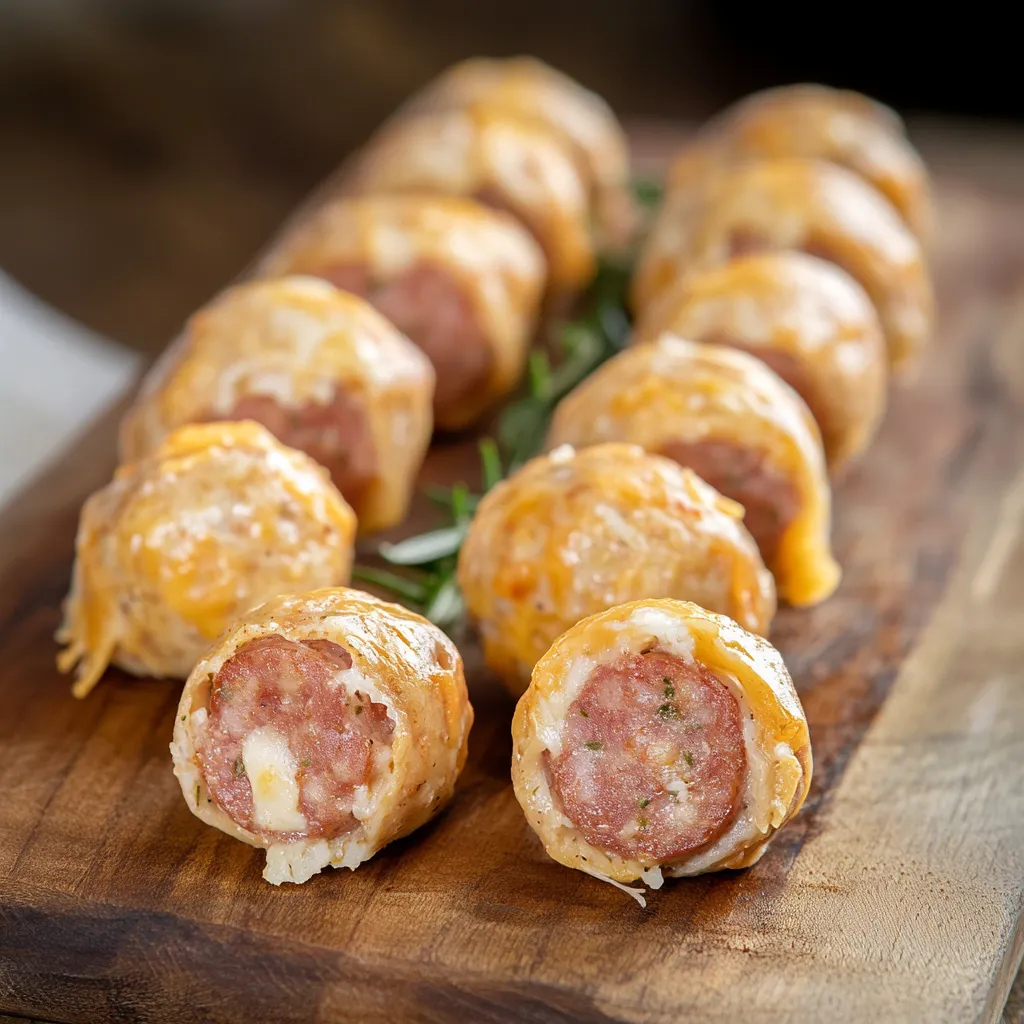 Savory kilted sausage bites wrapped in puff pastry and topped with melted cheese, perfect for appetizers.