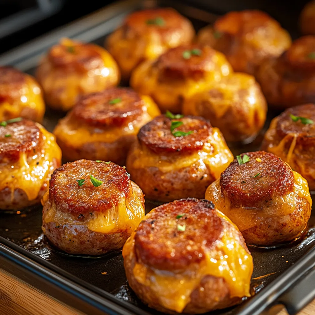 Savory kilted sausage bites wrapped in puff pastry and topped with melted cheese, perfect for appetizers.