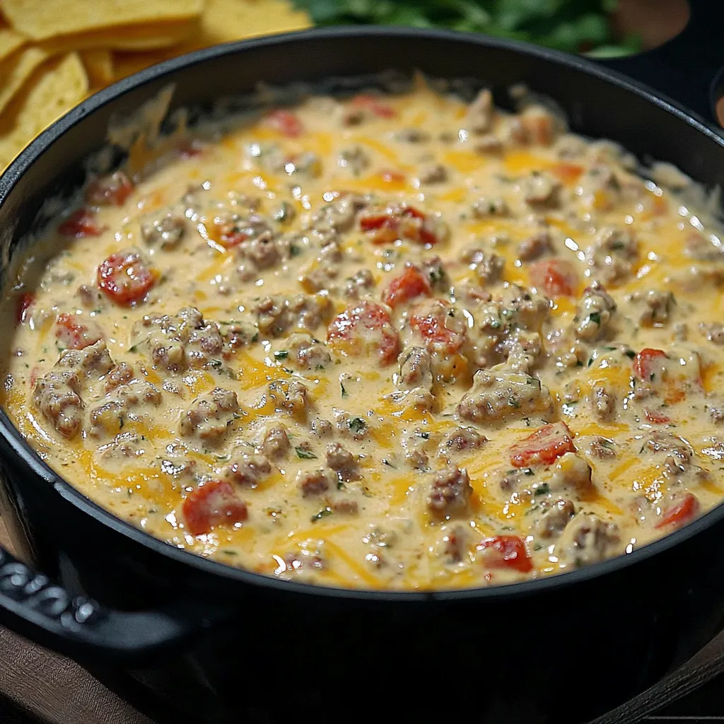 Hot ranch sausage dip made with creamy cheese, savory sausage, and ranch seasoning, perfect for party snacks.