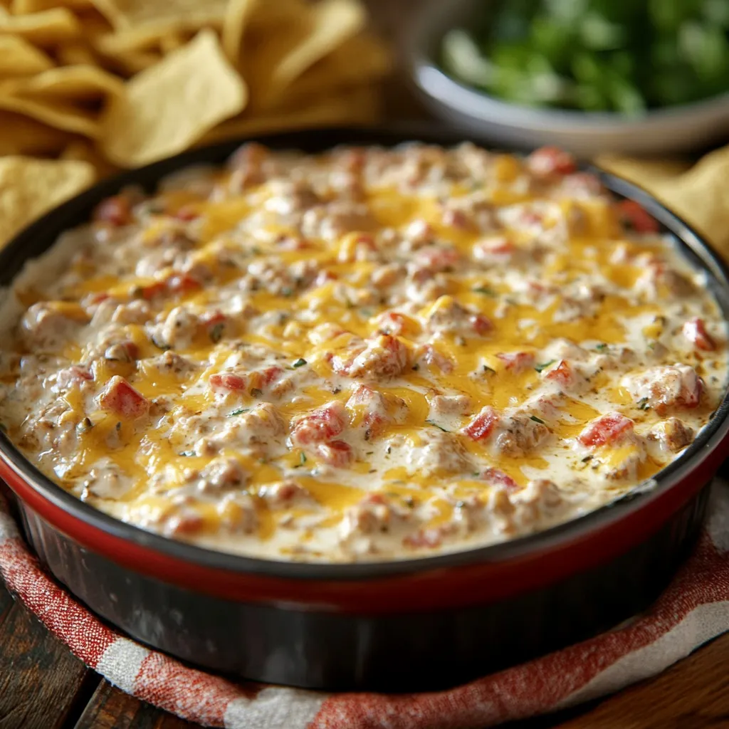 Hot ranch sausage dip made with creamy cheese, savory sausage, and ranch seasoning, perfect for party snacks.