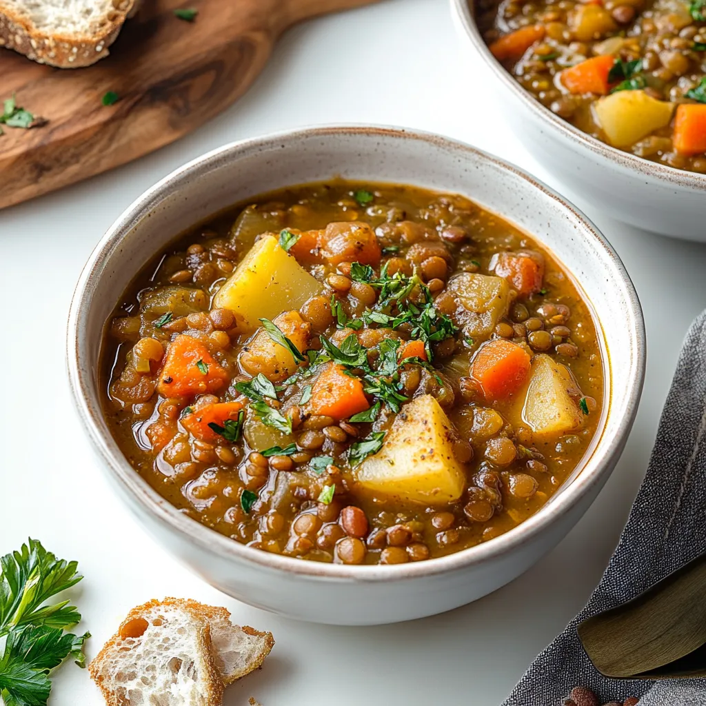 Hearty lentil and potato soup with tender veggies and rich spices, a comforting and wholesome dish for any day