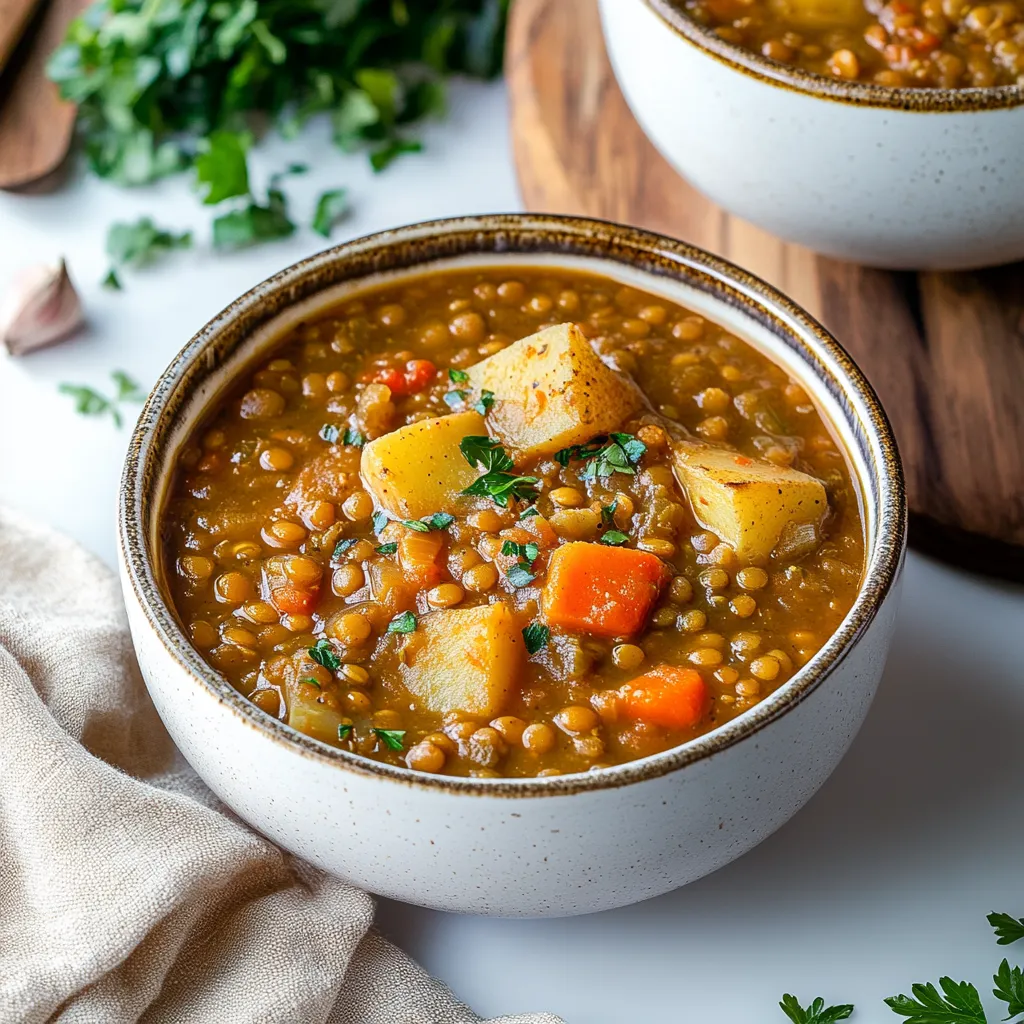 Hearty lentil and potato soup with tender veggies and rich spices, a comforting and wholesome dish for any day