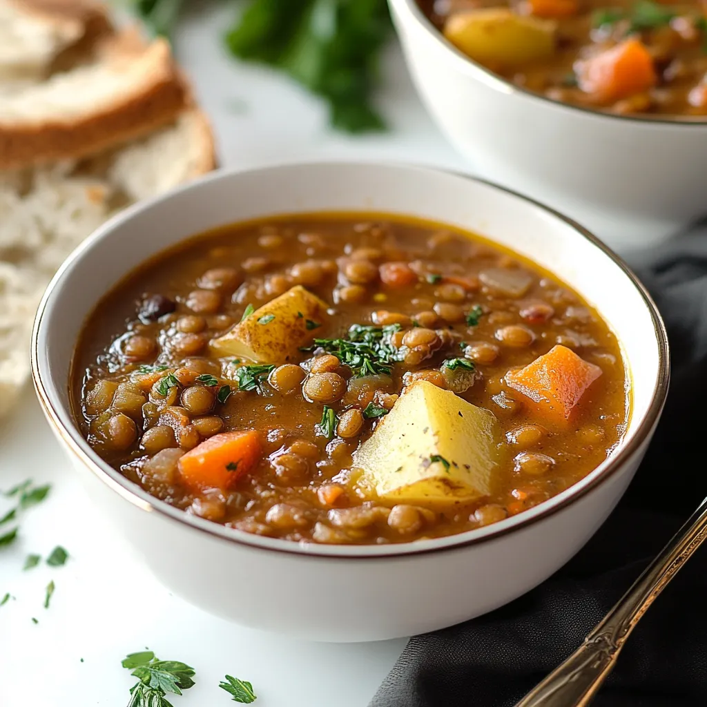 Hearty lentil and potato soup with tender veggies and rich spices, a comforting and wholesome dish for any day