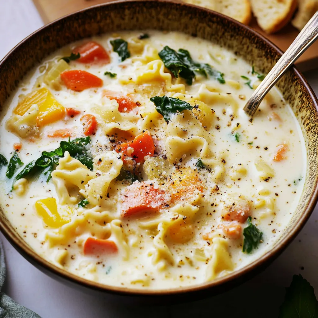 Creamy white lasagna soup with fresh veggies, tender pasta, and rich flavors for a comforting, hearty meal.