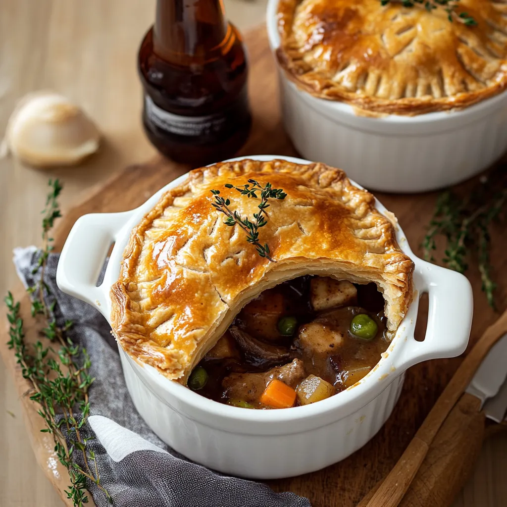 Hearty deer and beer pot pie topped with a flaky puff pastry crust for ultimate comfort.