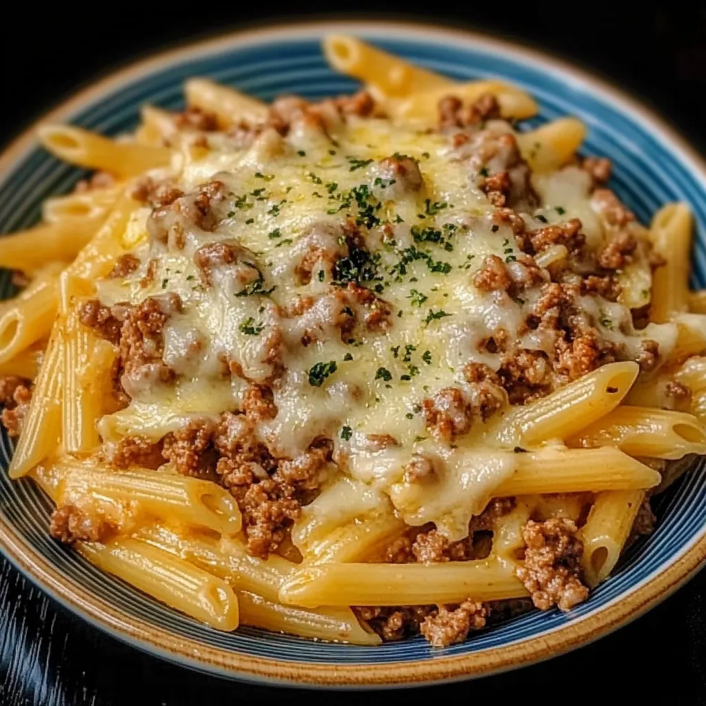 Cheesy Penne with Garlic Butter Ground Beef Recipe