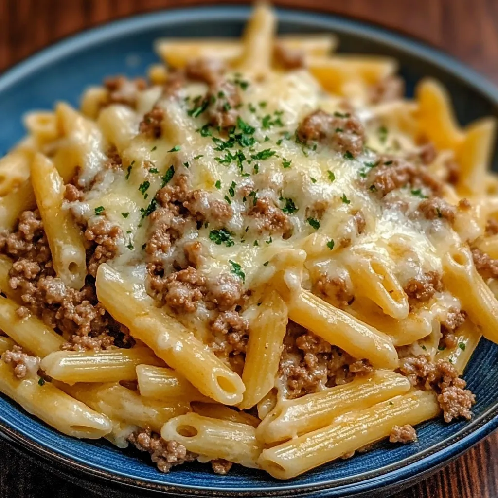 Easy Quick Cheesy Penne with Garlic Butter Ground Beef