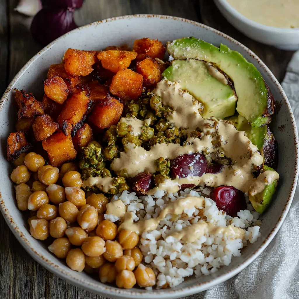 Close-up Warm Winter Harvest Bowl with Crispy Chickpeas