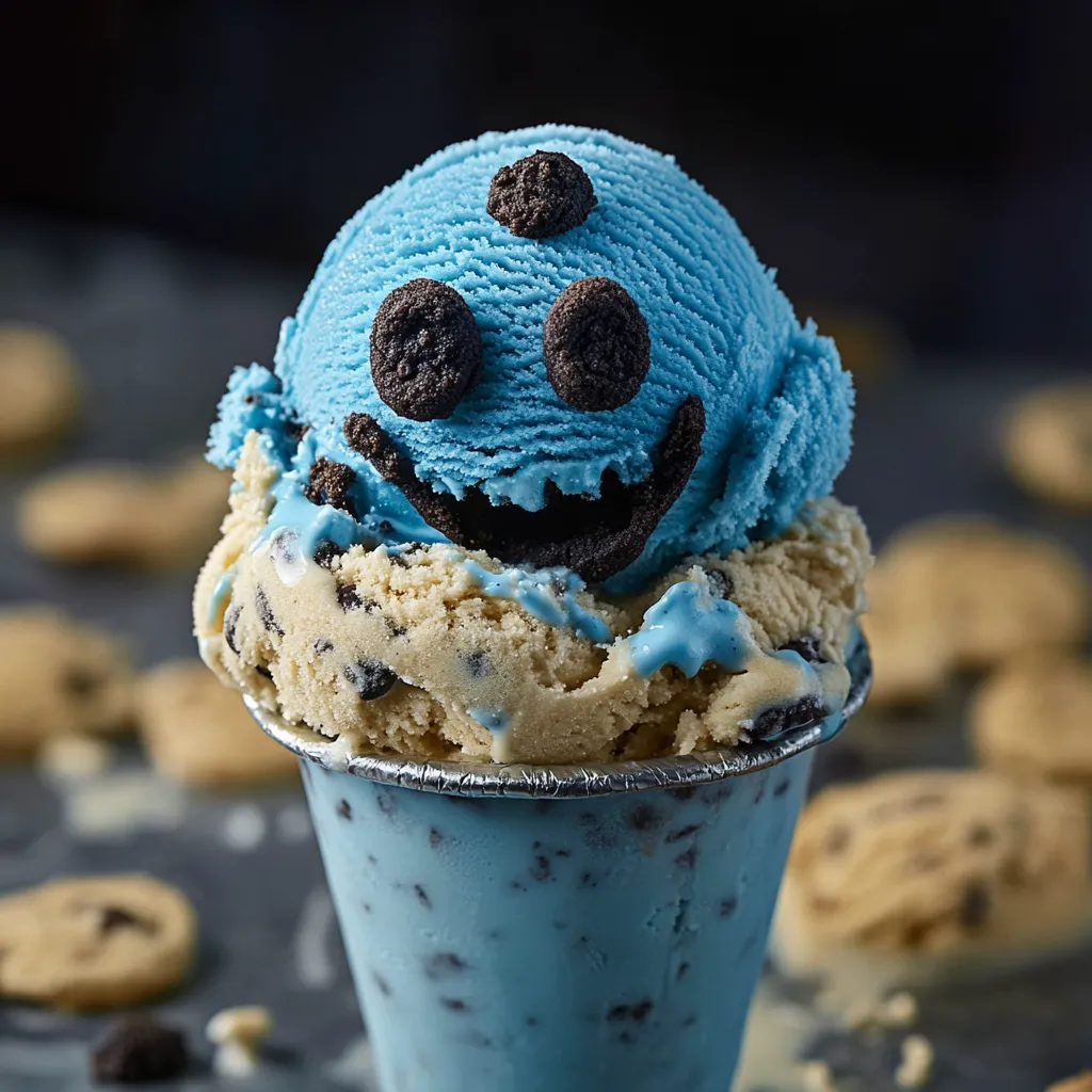 Delicious homemade ice cream inspired by Cookie Monster, bursting with cookie pieces.