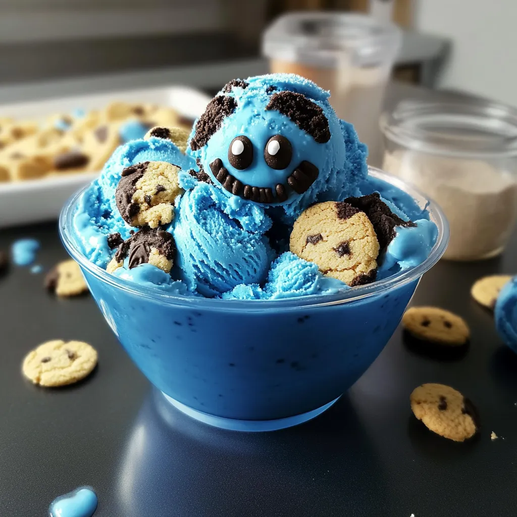 Blue Cookie Monster ice cream made at home, packed with cookie chunks for a sweet treat.