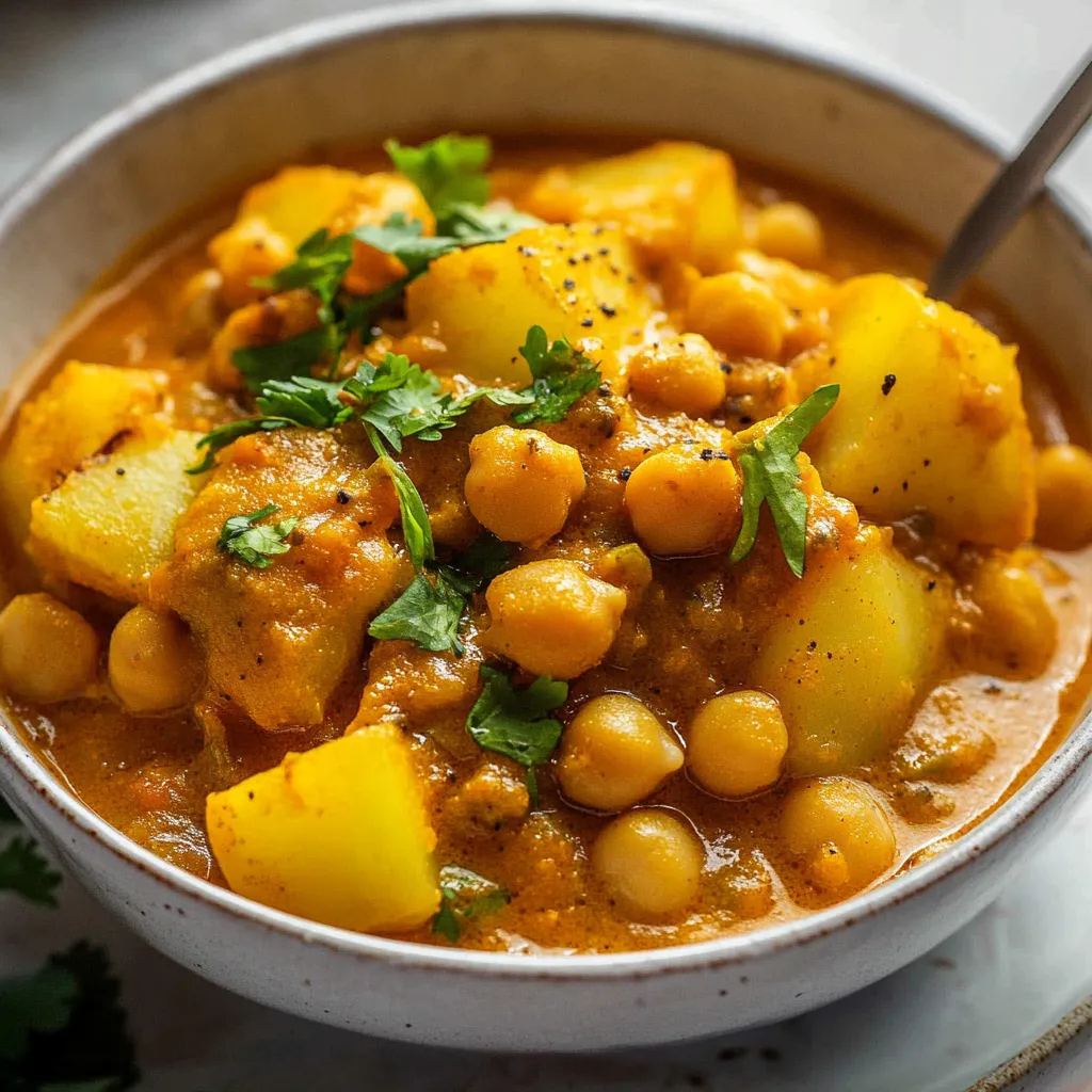 Delicious chickpea and potato curry with rich spices and a creamy texture.