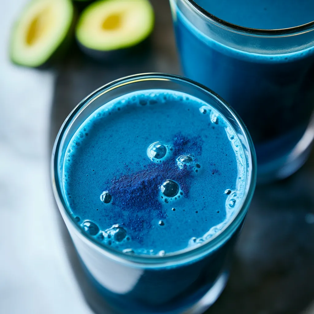 Blue superfood juice with spirulina, a colorful and nutritious beverage option.