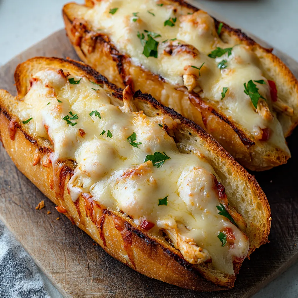 Golden garlic bread stuffed with cheesy chicken, a savory sandwich delight.