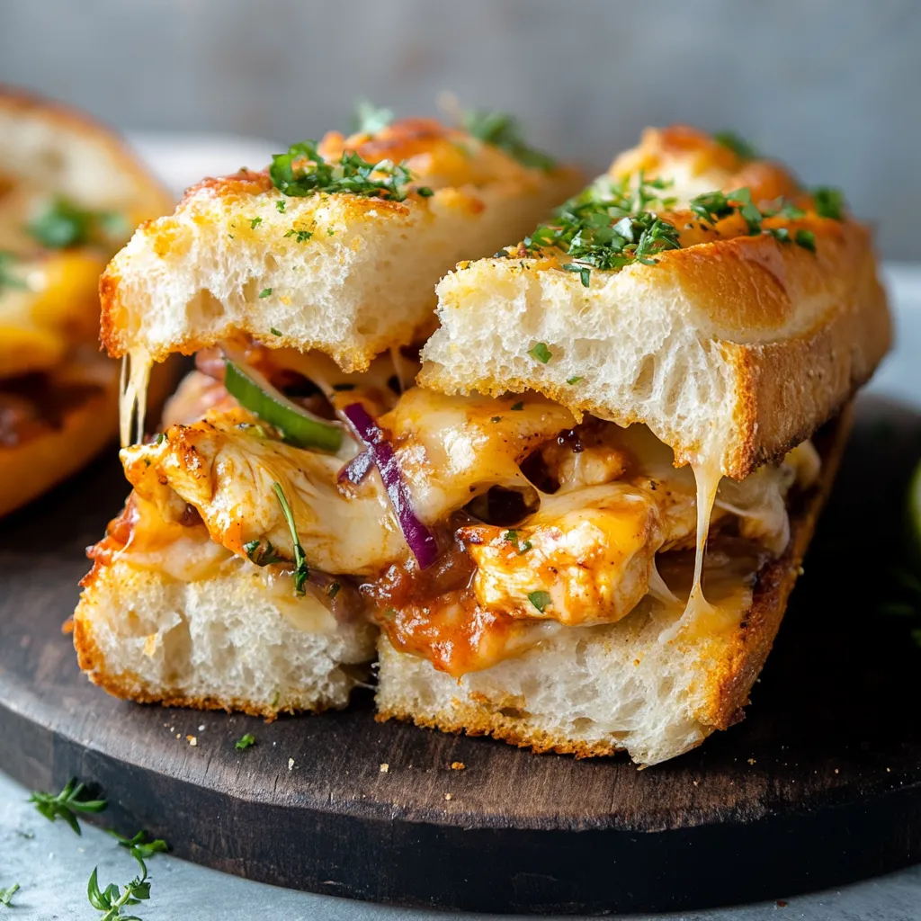 Cheesy chicken garlic bread sandwich, perfect for a hearty and flavorful meal.