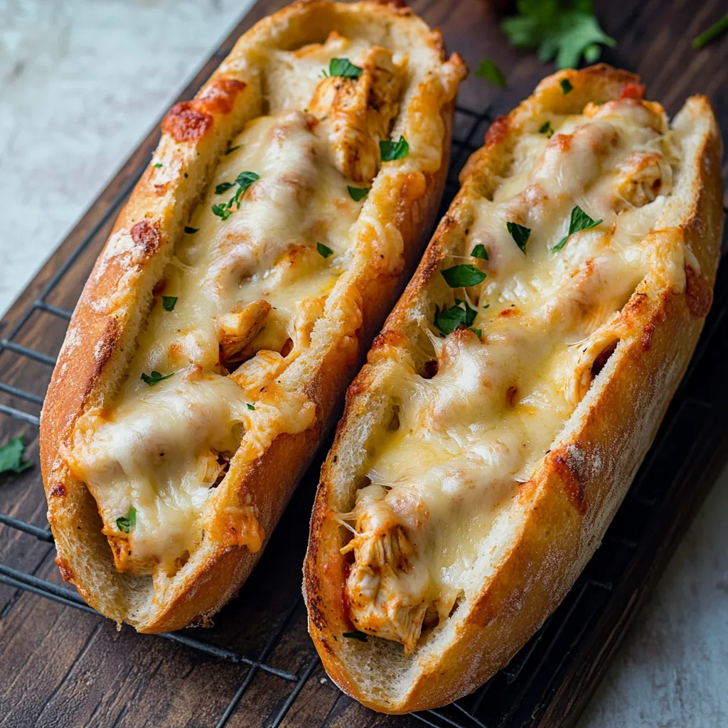 Crispy garlic bread with cheesy chicken filling, a delicious and comforting sandwich.