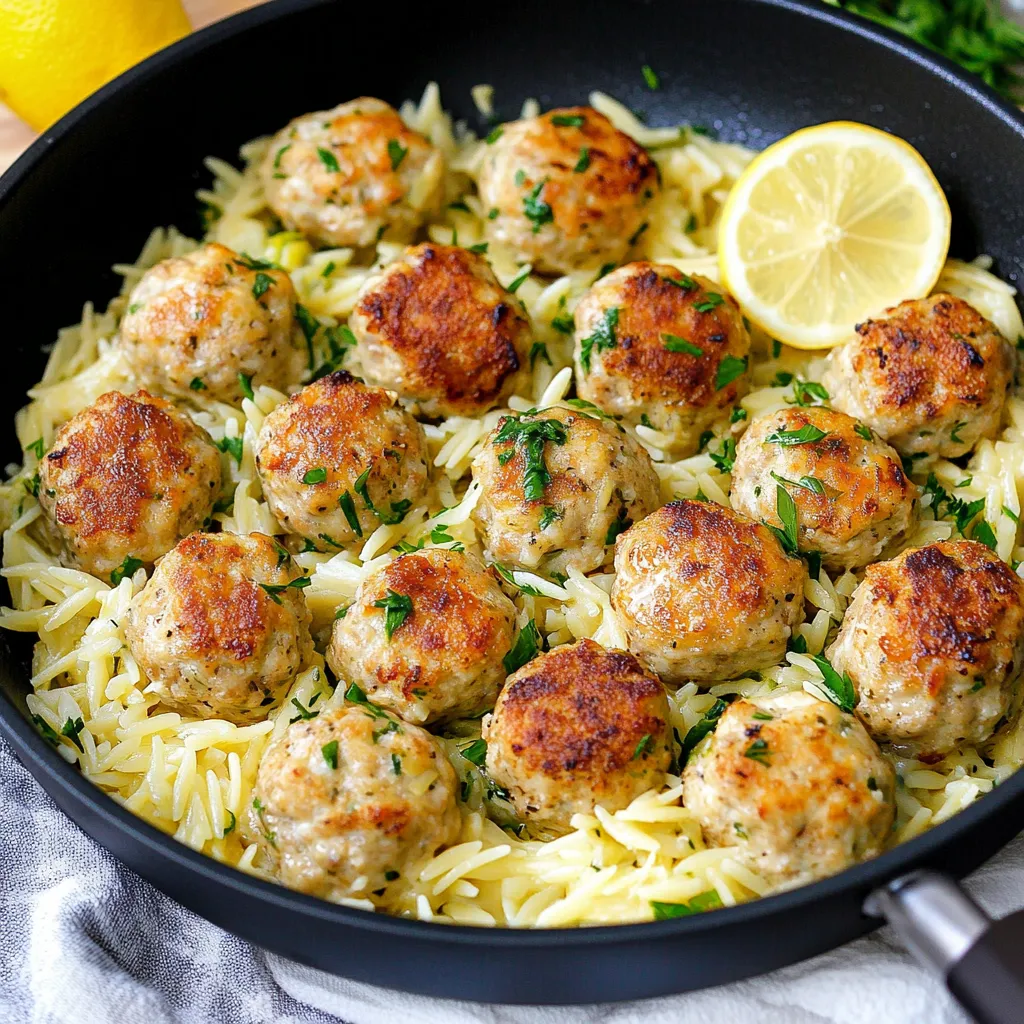 Tender chicken meatballs with lemon-infused orzo, a fresh take on Greek cuisine.