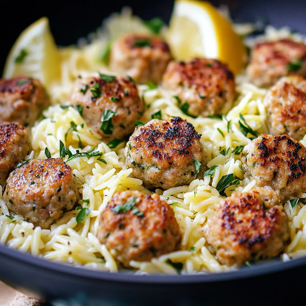 Easy Greek chicken meatballs served with vibrant lemon orzo for a satisfying meal.