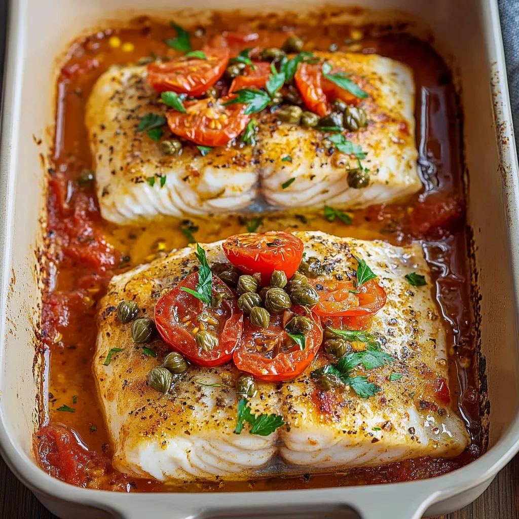 Delicious Mediterranean baked fish with fresh tomatoes and tangy capers, a healthy dinner idea.