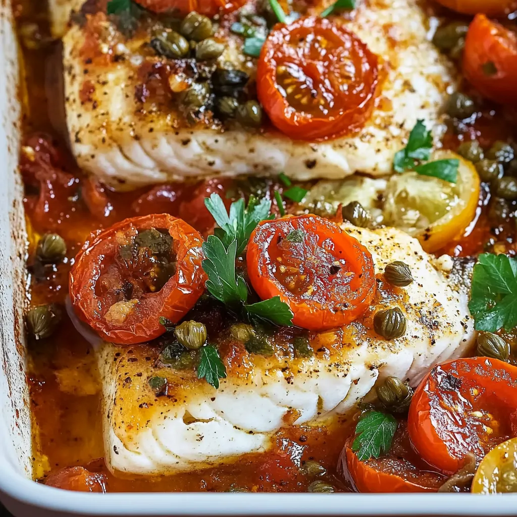 Tender baked fish topped with juicy tomatoes and capers, inspired by Mediterranean flavors.