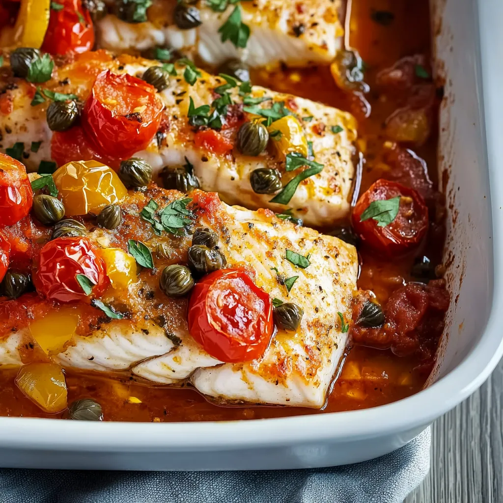 Mediterranean baked fish recipe, a simple yet flavorful dish with tomatoes and capers.