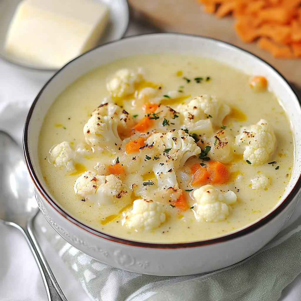 Creamy cheddar cauliflower soup with roasted garlic, a comforting and flavorful bowl.