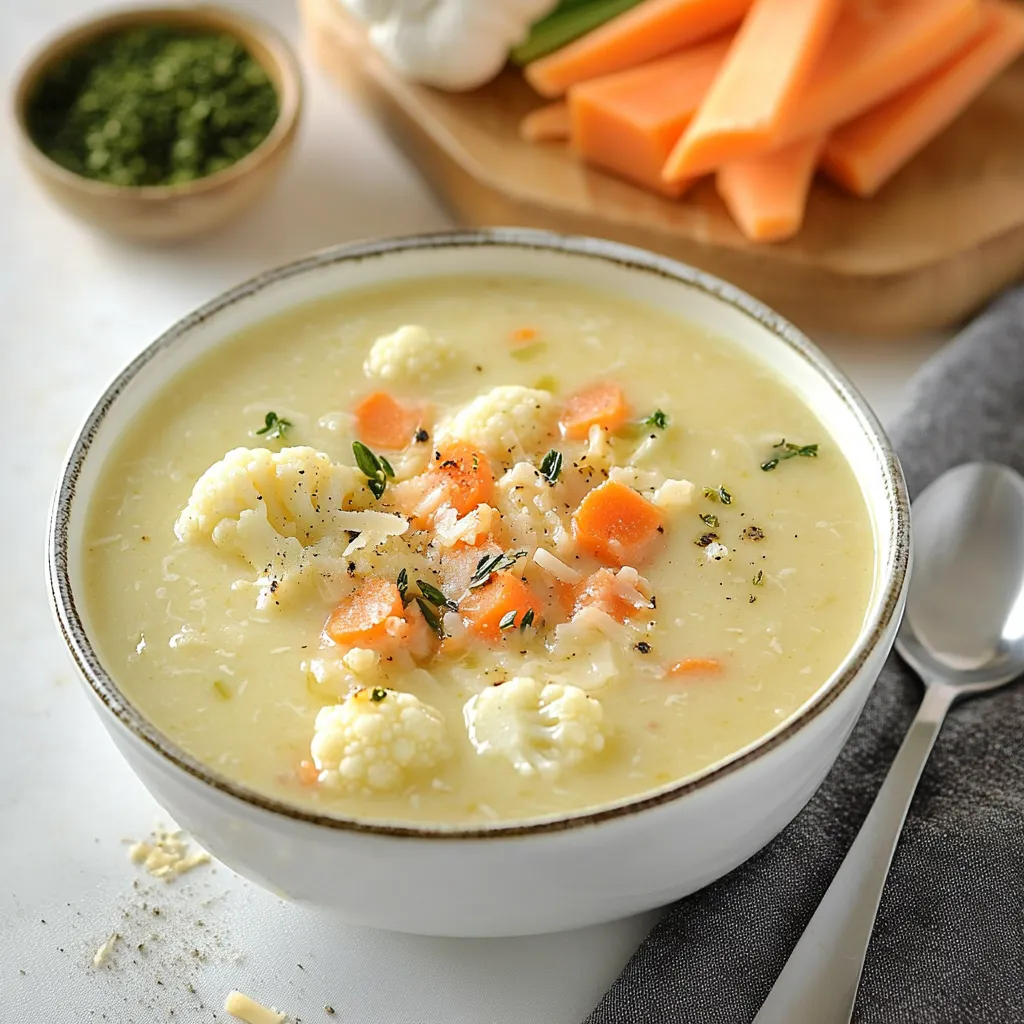 Rich and cheesy cauliflower soup infused with roasted garlic, perfect for cozy nights.