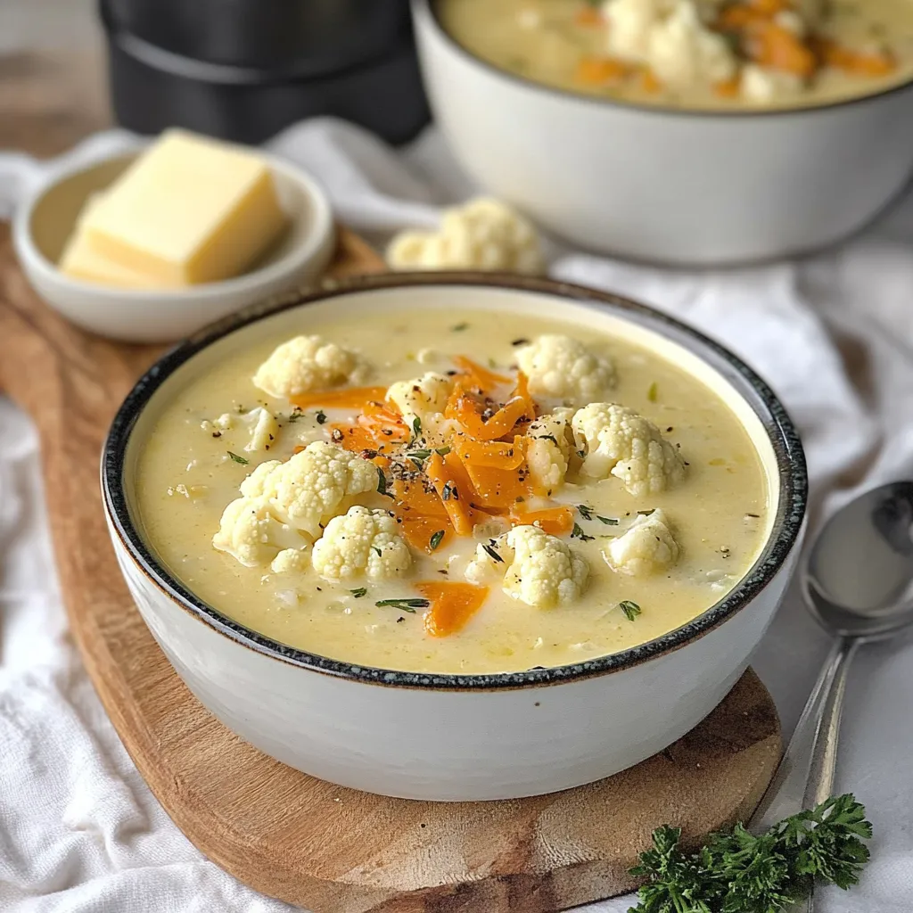 Cheddar cauliflower soup, a velvety blend with roasted garlic for a hearty meal.