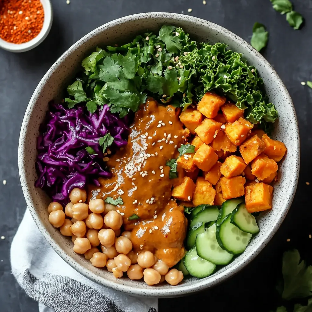 Sweet potato Buddha bowl drizzled with creamy Thai peanut sauce for a satisfying meal.