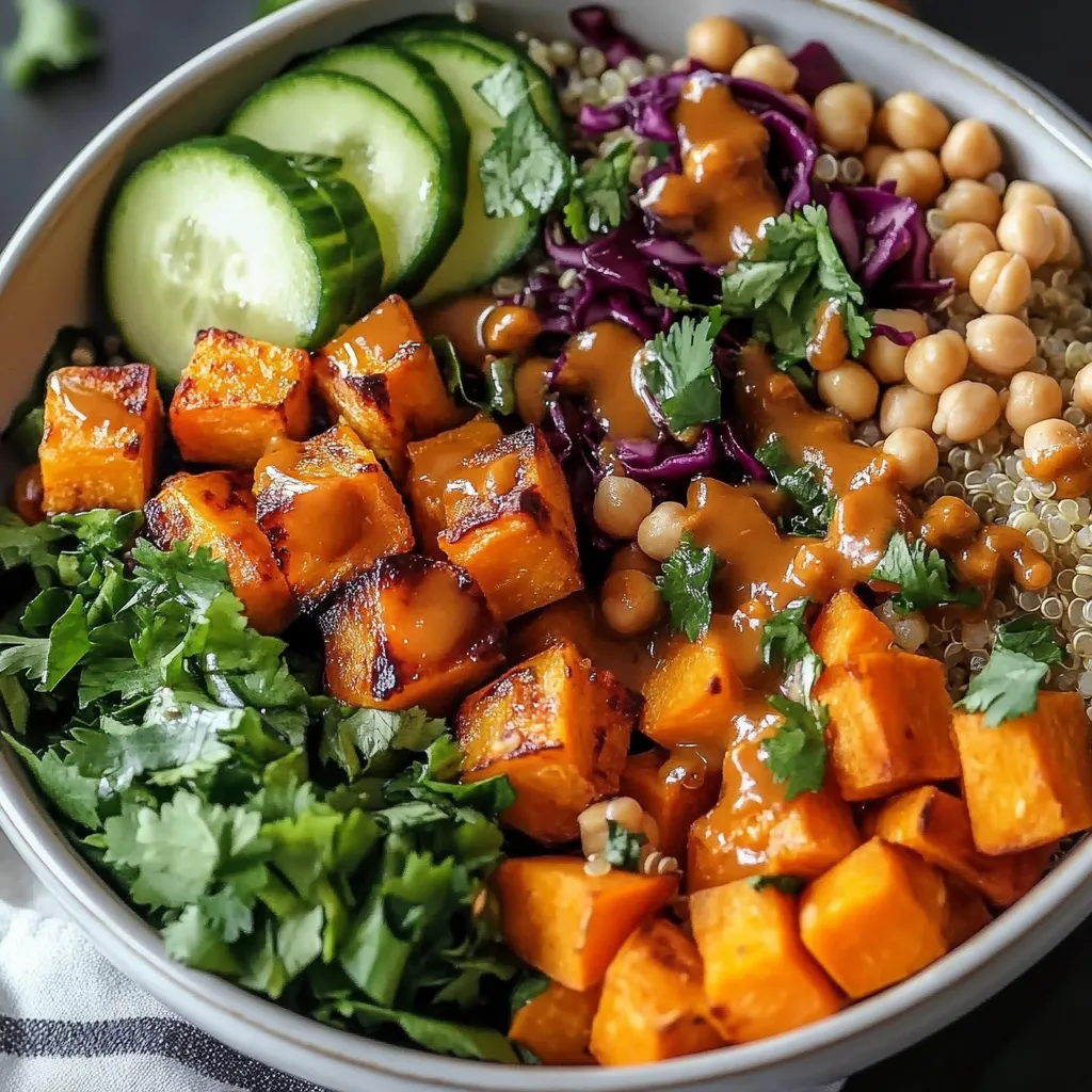 Thai peanut Buddha bowl with roasted sweet potatoes and a delicious creamy sauce.