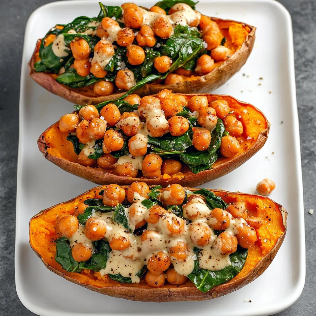 Savory chickpea and spinach-stuffed sweet potatoes, a plant-based dinner idea.