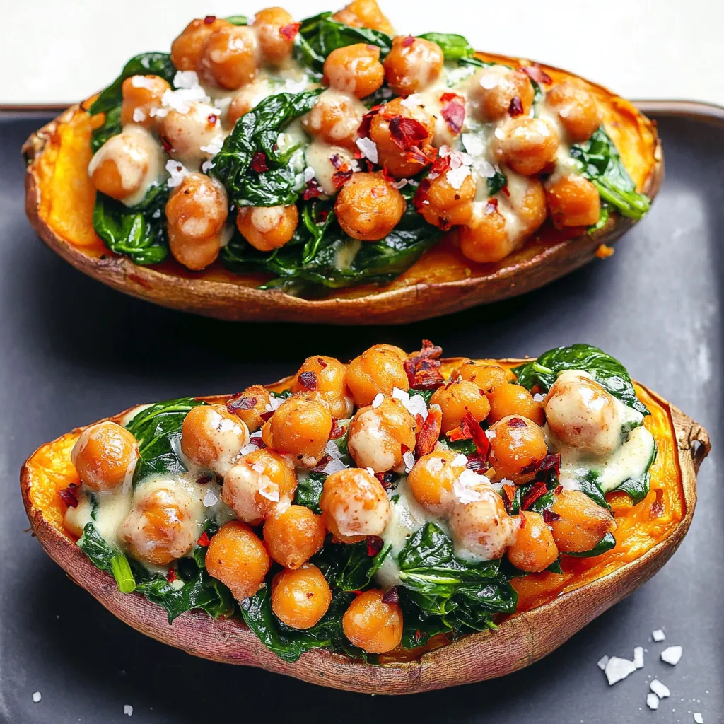 Delicious stuffed sweet potatoes filled with chickpeas, spinach, and bold flavors.