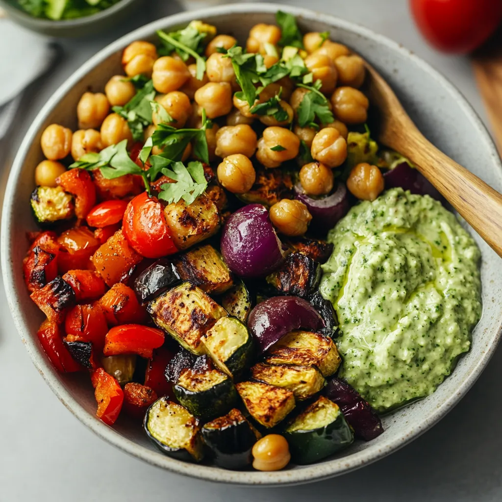 Flavorful roasted veggie and chickpea bowls with creamy green tahini sauce.