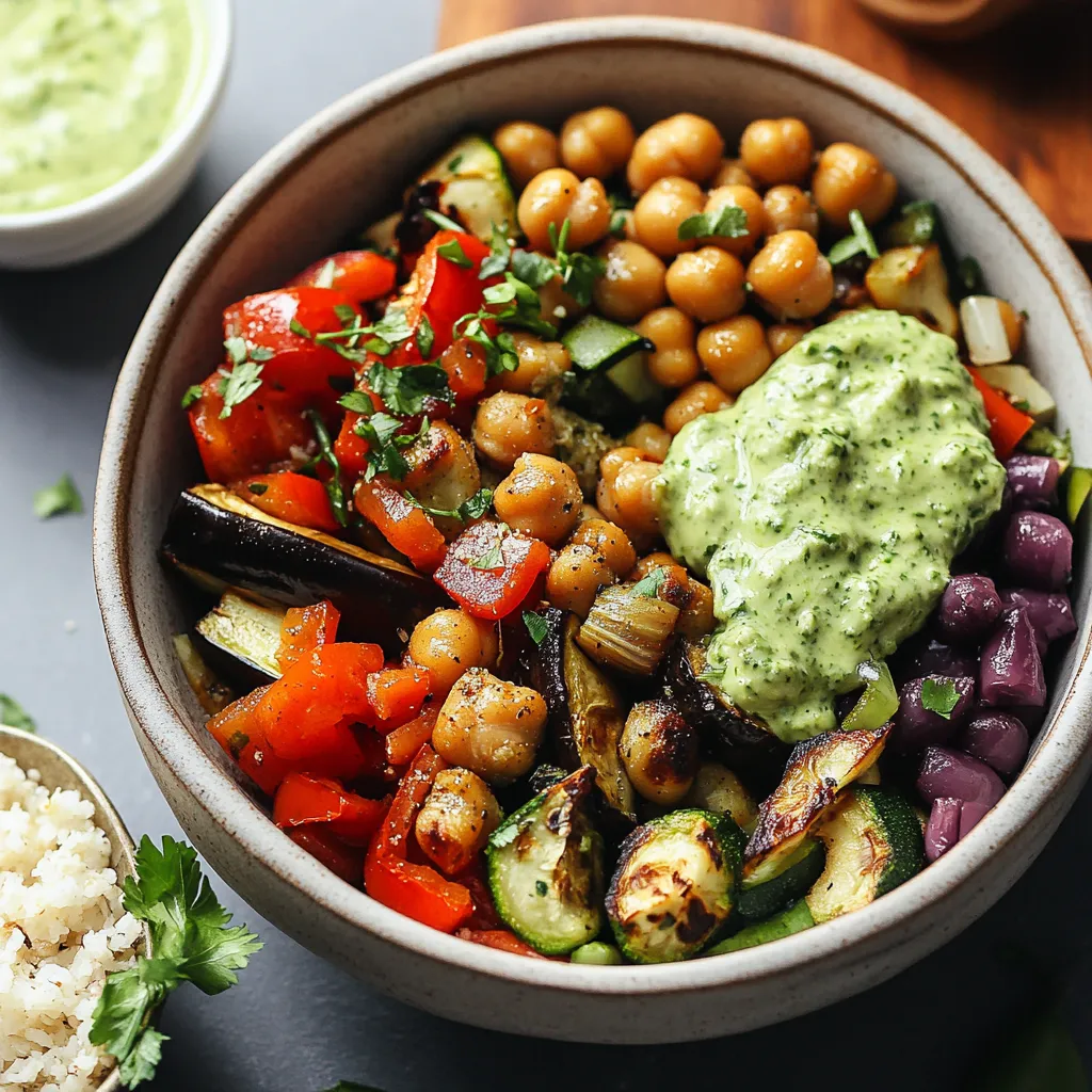 Healthy roasted chickpea and veggie bowls, drizzled with green tahini sauce for a fresh taste.