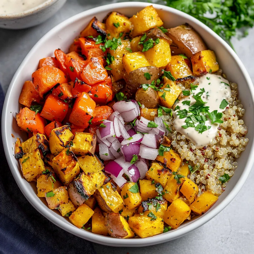 Colorful roasted vegetable quinoa bowl, a nutritious and flavorful plant-based meal.