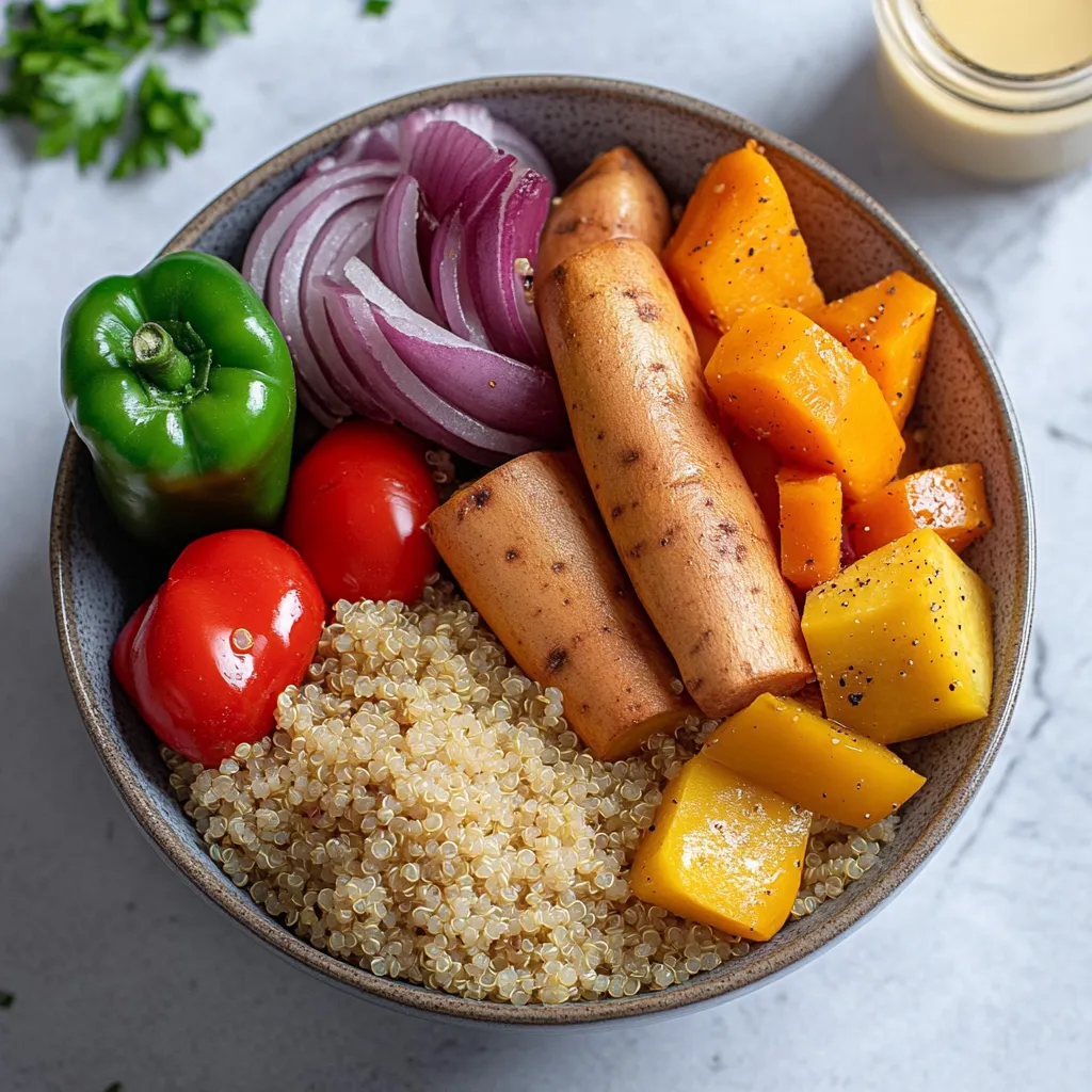 Quinoa bowl topped with roasted veggies for a wholesome and satisfying dish.